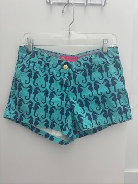 Macbeth Collection by Margaret Josephs Teal and Navy Seahorse Print Shorts